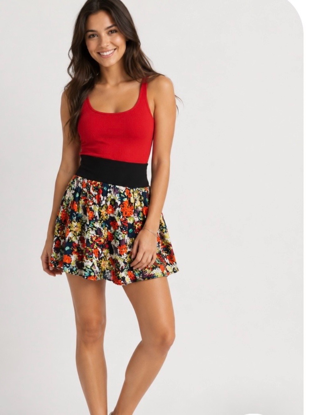 Red Black Blue High Waisted Floral Mini Skirt Sz S